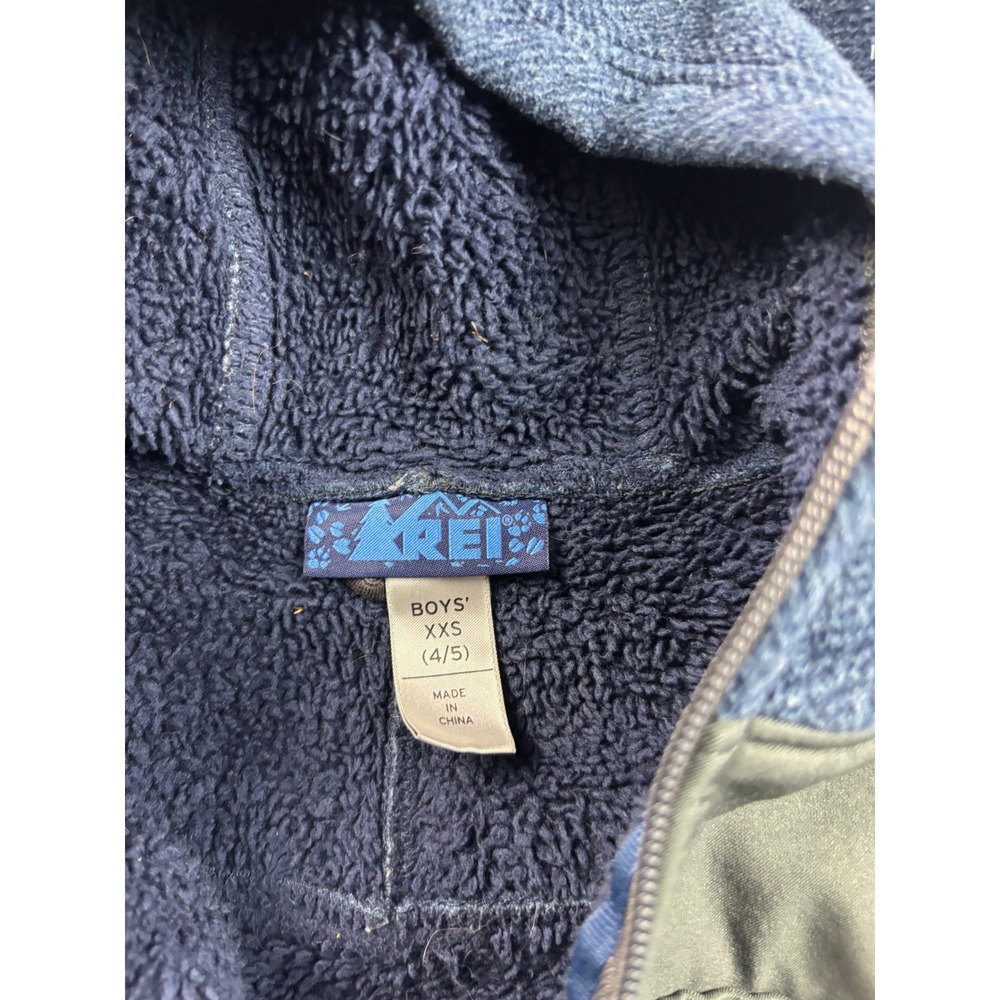 REI Fleece Hoodie Boys XXS 4/5 Blue Herringbone Full Zip Sherpa Lined Jacket - Picture 2 of 7